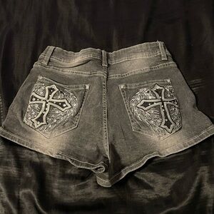 Edgy Black Jean Shorts with Cross Detail
